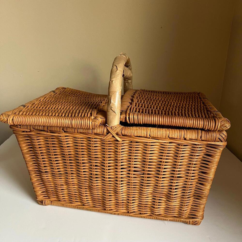 Vintage Brown Wicker Picnic Basket Set - Large, Sturdy with Complete Accessories
